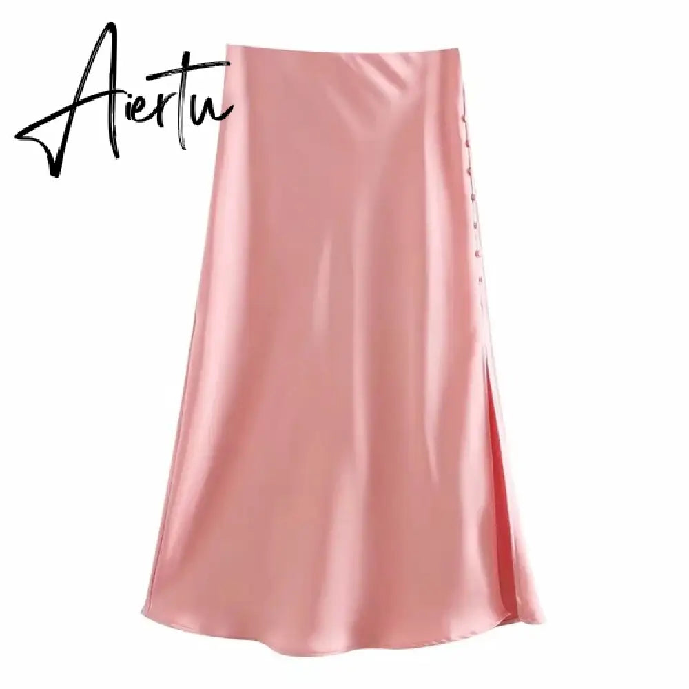 Aiertu  Summer Women Satin Elastic Waist Side Slit A-Line Skirt New Fashion Lady Button Decoration Falda Midi LUJIA ALAN P1597 Aiertu