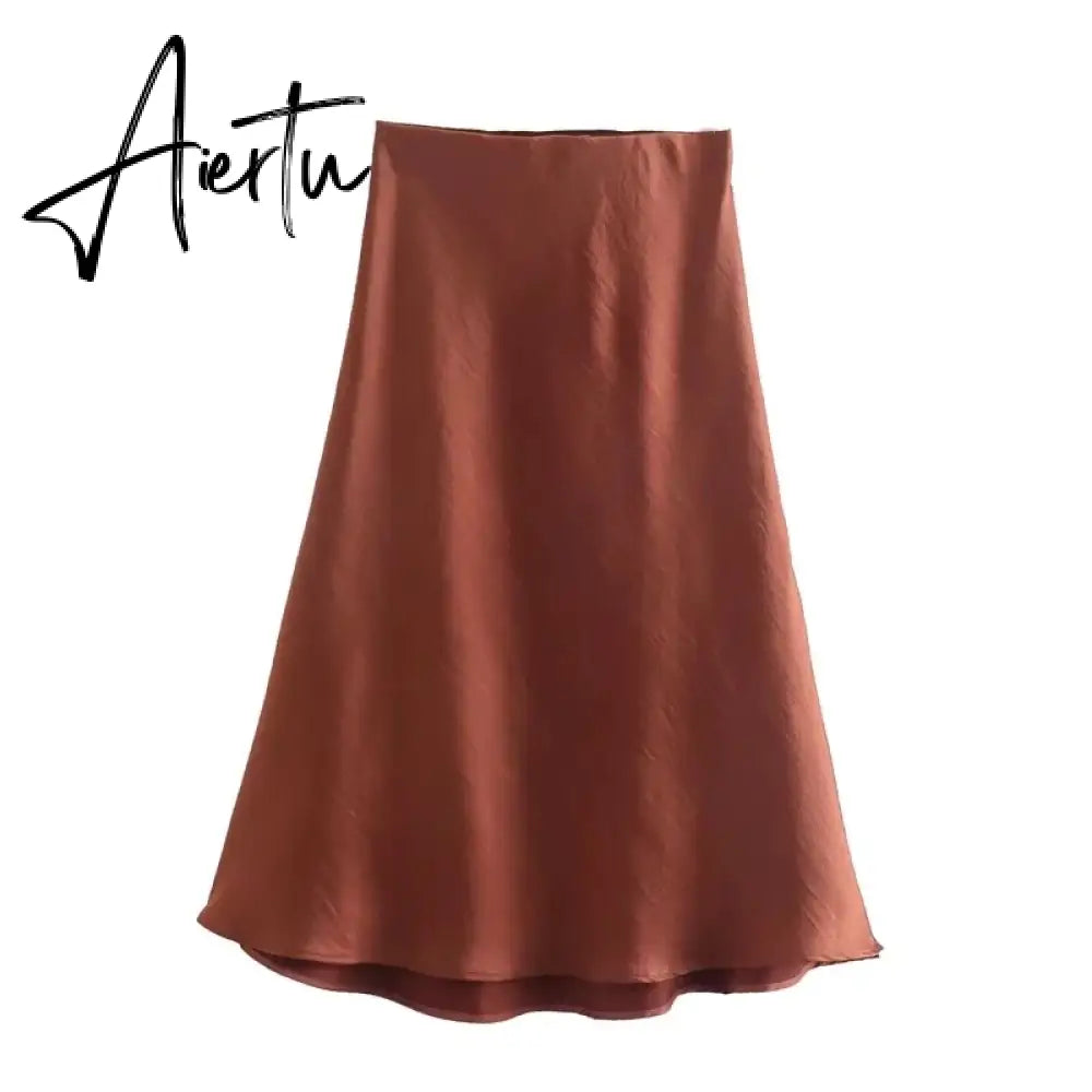 Aiertu  Summer Women Satin Elastic Waist Side Slit A-Line Skirt New Fashion Lady Button Decoration Falda Midi LUJIA ALAN P1597 Aiertu