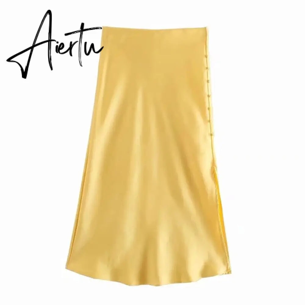 Aiertu  Summer Women Satin Elastic Waist Side Slit A-Line Skirt New Fashion Lady Button Decoration Falda Midi LUJIA ALAN P1597 Aiertu