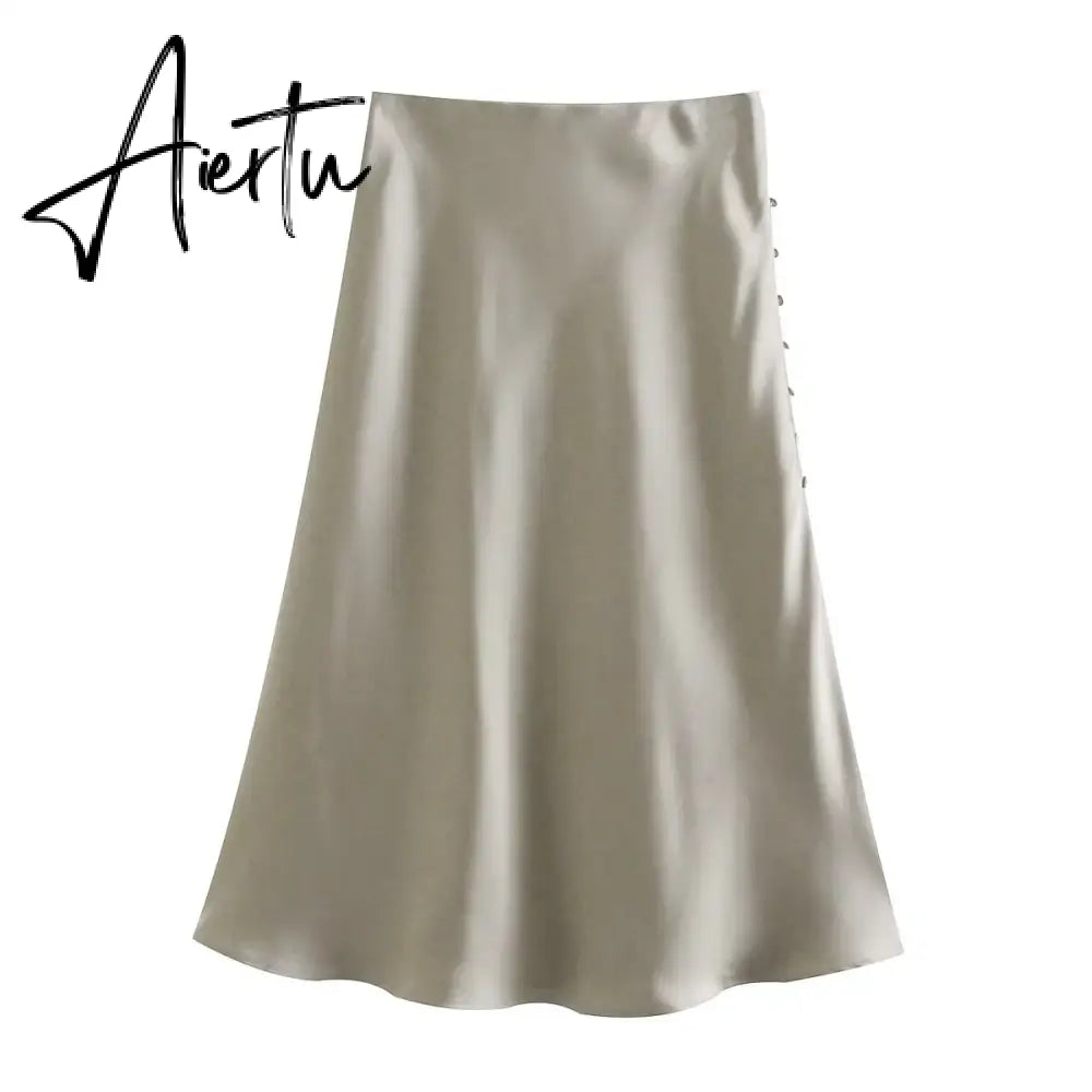 Aiertu  Summer Women Satin Elastic Waist Side Slit A-Line Skirt New Fashion Lady Button Decoration Falda Midi LUJIA ALAN P1597 Aiertu