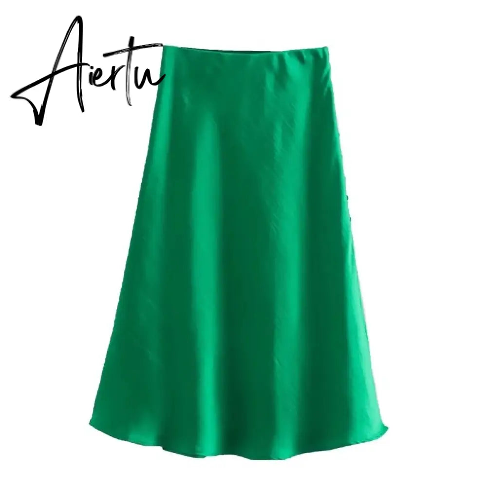 Aiertu  Summer Women Satin Elastic Waist Side Slit A-Line Skirt New Fashion Lady Button Decoration Falda Midi LUJIA ALAN P1597 Aiertu