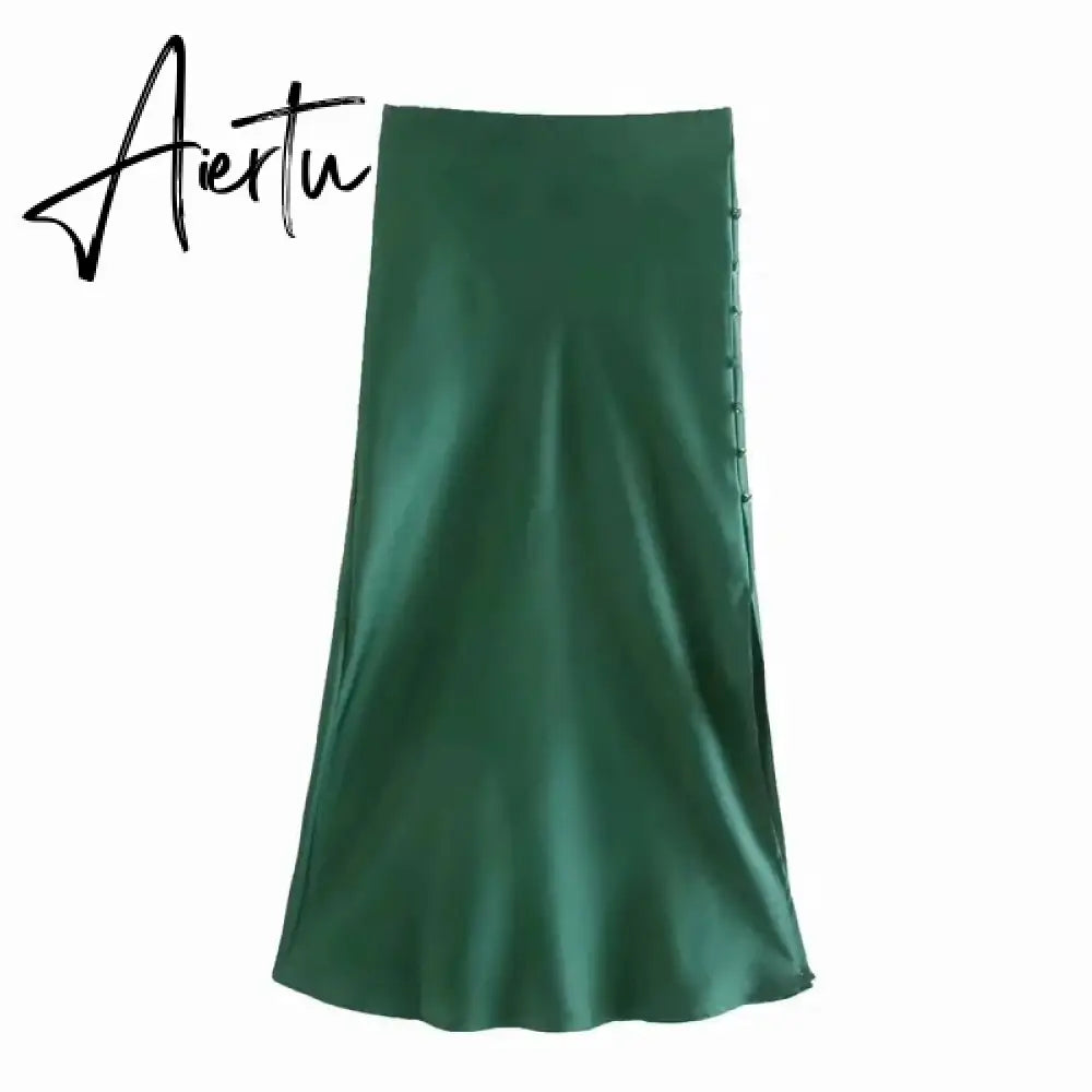 Aiertu  Summer Women Satin Elastic Waist Side Slit A-Line Skirt New Fashion Lady Button Decoration Falda Midi LUJIA ALAN P1597 Aiertu