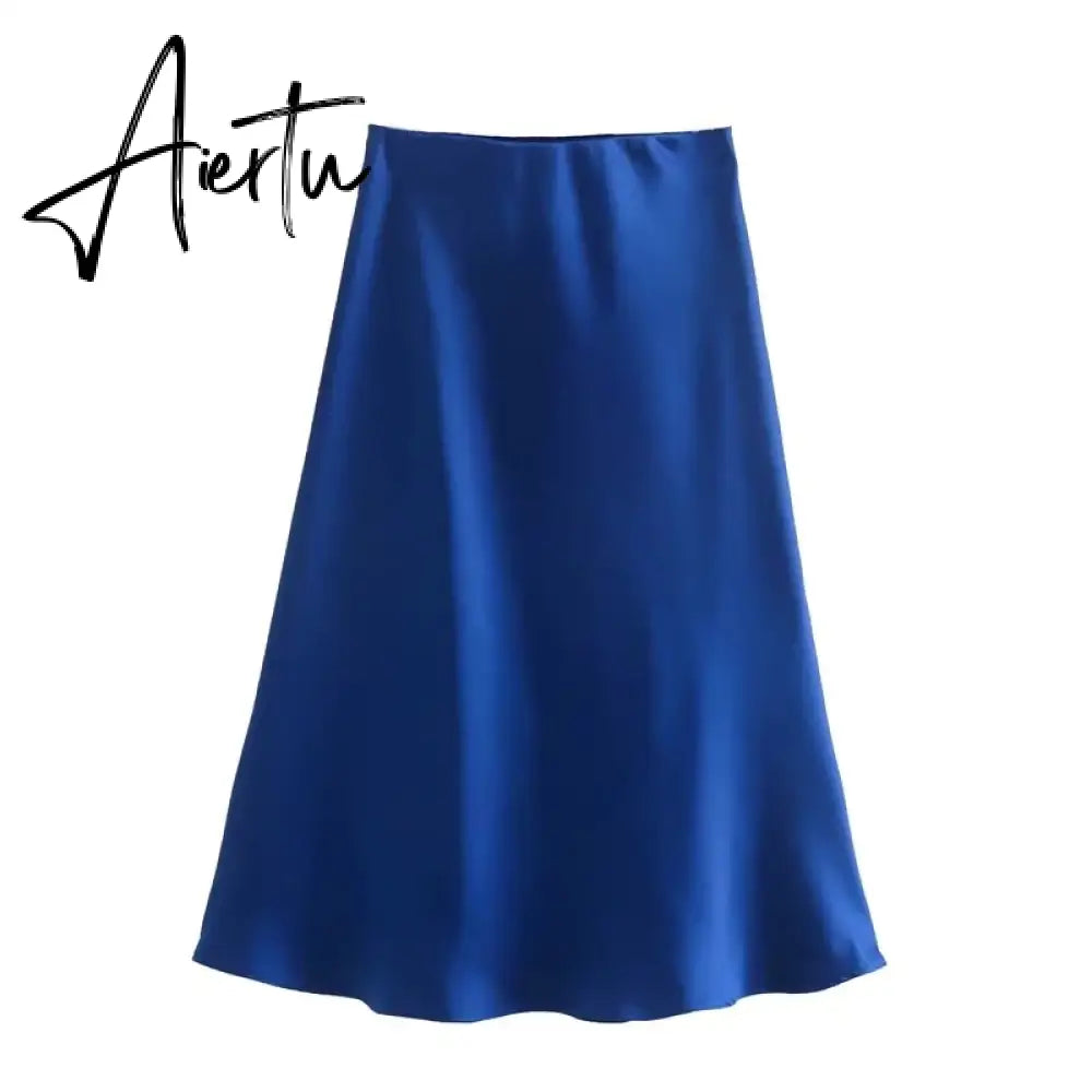 Aiertu  Summer Women Satin Elastic Waist Side Slit A-Line Skirt New Fashion Lady Button Decoration Falda Midi LUJIA ALAN P1597 Aiertu