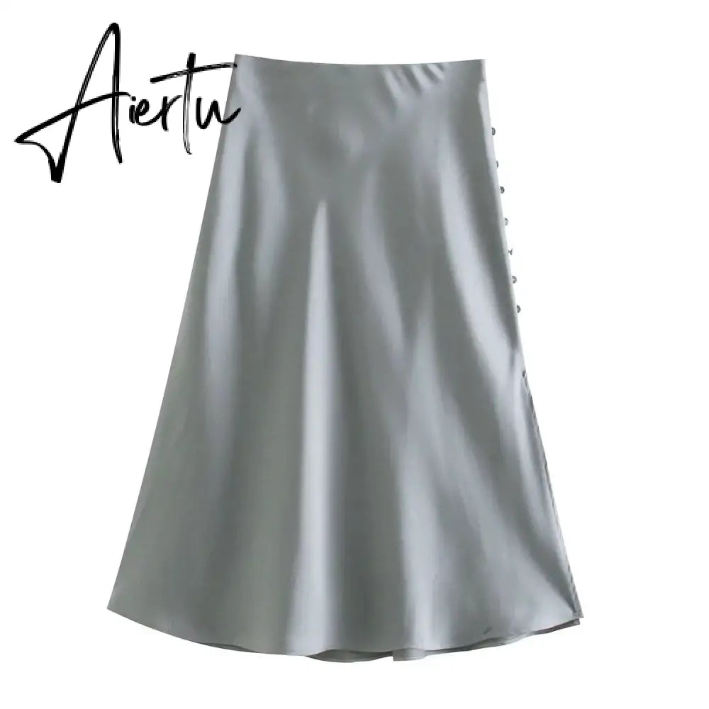 Aiertu  Summer Women Satin Elastic Waist Side Slit A-Line Skirt New Fashion Lady Button Decoration Falda Midi LUJIA ALAN P1597 Aiertu