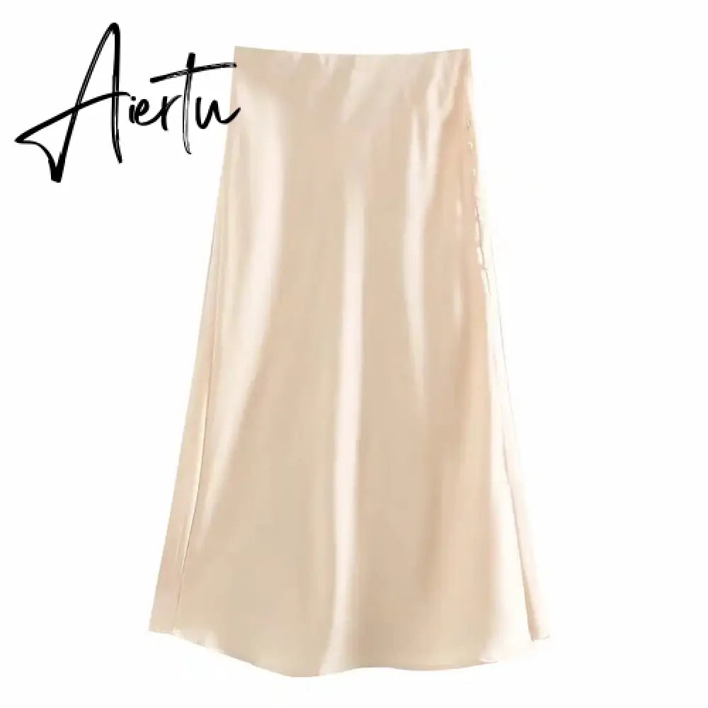 Aiertu  Summer Women Satin Elastic Waist Side Slit A-Line Skirt New Fashion Lady Button Decoration Falda Midi LUJIA ALAN P1597 Aiertu