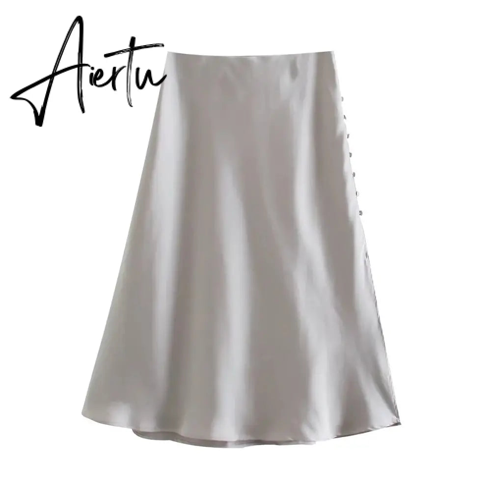 Aiertu  Summer Women Satin Elastic Waist Side Slit A-Line Skirt New Fashion Lady Button Decoration Falda Midi LUJIA ALAN P1597 Aiertu