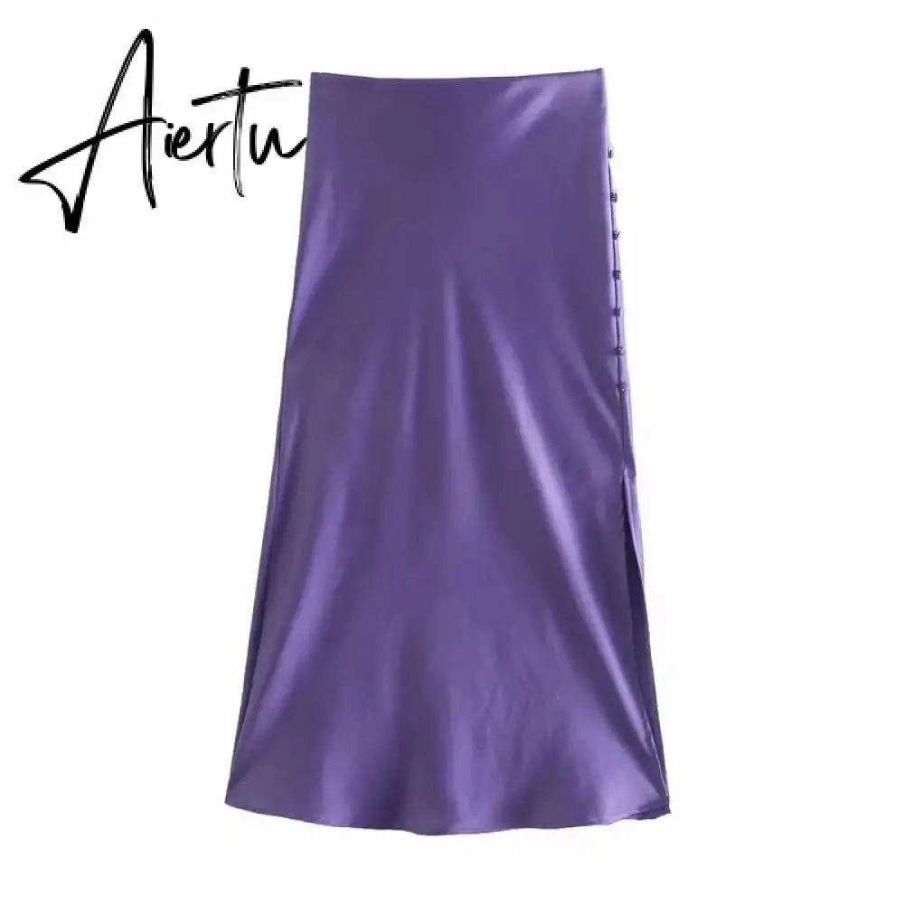 Aiertu  Summer Women Satin Elastic Waist Side Slit A-Line Skirt New Fashion Lady Button Decoration Falda Midi LUJIA ALAN P1597 Aiertu