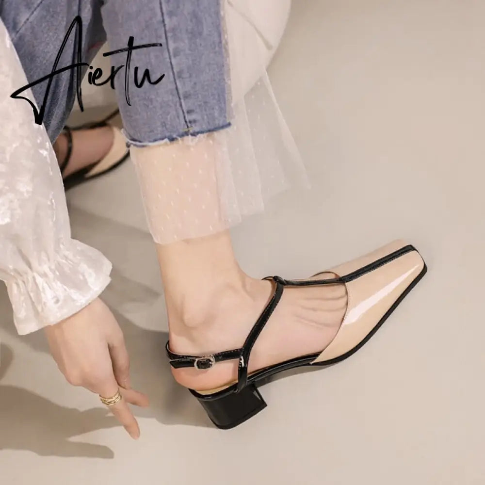 Aiertu Summer Women Shoes Cow  Leather Shoes for Women Square Toe Chunky Heel High Heels Retro Women Sandals Elegant Party Shoes Aiertu