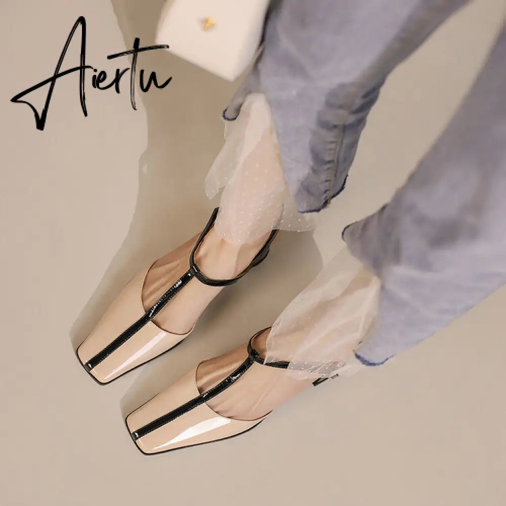 Aiertu Summer Women Shoes Cow  Leather Shoes for Women Square Toe Chunky Heel High Heels Retro Women Sandals Elegant Party Shoes Aiertu