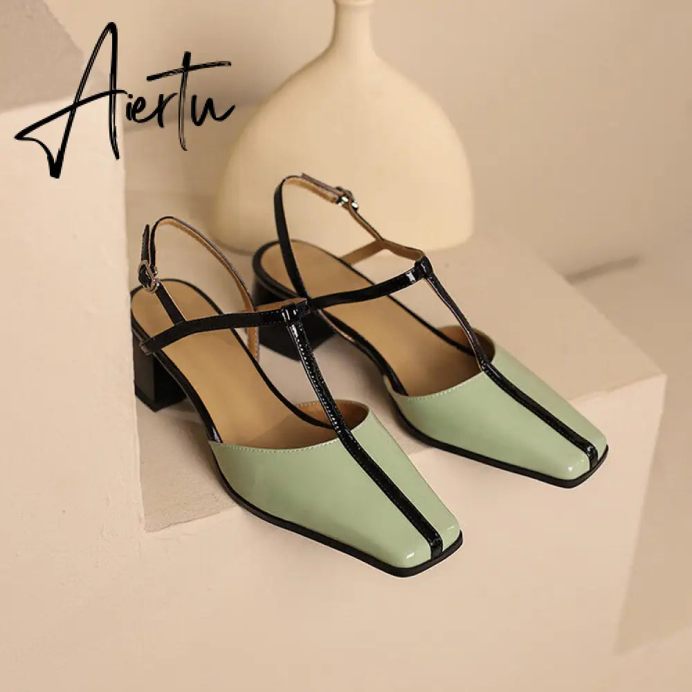 Aiertu Summer Women Shoes Cow  Leather Shoes for Women Square Toe Chunky Heel High Heels Retro Women Sandals Elegant Party Shoes Aiertu