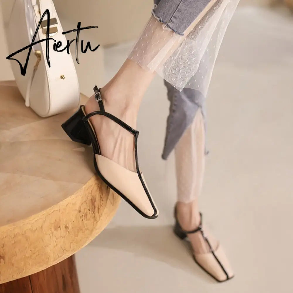 Aiertu Summer Women Shoes Cow  Leather Shoes for Women Square Toe Chunky Heel High Heels Retro Women Sandals Elegant Party Shoes Aiertu