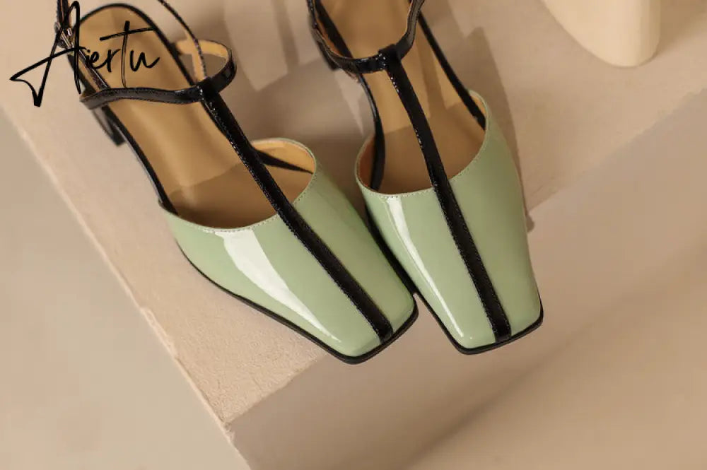 Aiertu Summer Women Shoes Cow  Leather Shoes for Women Square Toe Chunky Heel High Heels Retro Women Sandals Elegant Party Shoes Aiertu