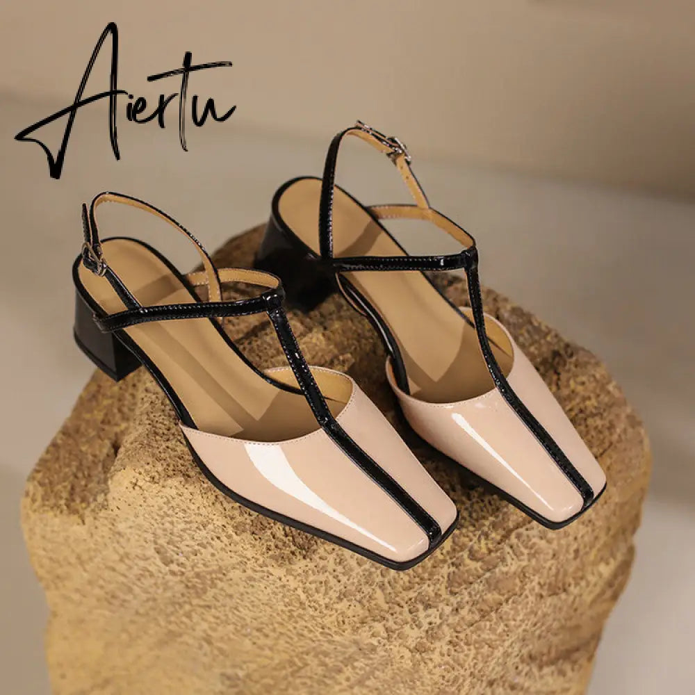 Aiertu Summer Women Shoes Cow  Leather Shoes for Women Square Toe Chunky Heel High Heels Retro Women Sandals Elegant Party Shoes Aiertu