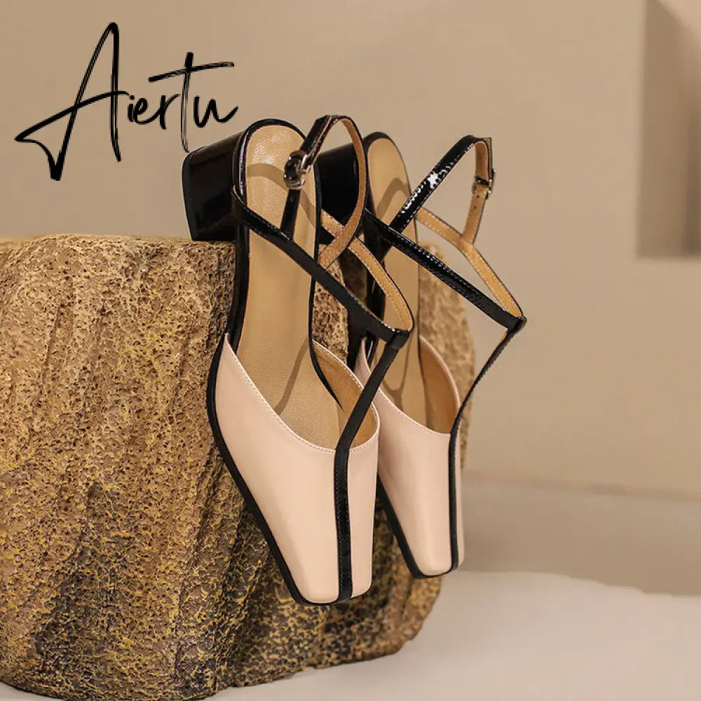 Aiertu Summer Women Shoes Cow  Leather Shoes for Women Square Toe Chunky Heel High Heels Retro Women Sandals Elegant Party Shoes Aiertu