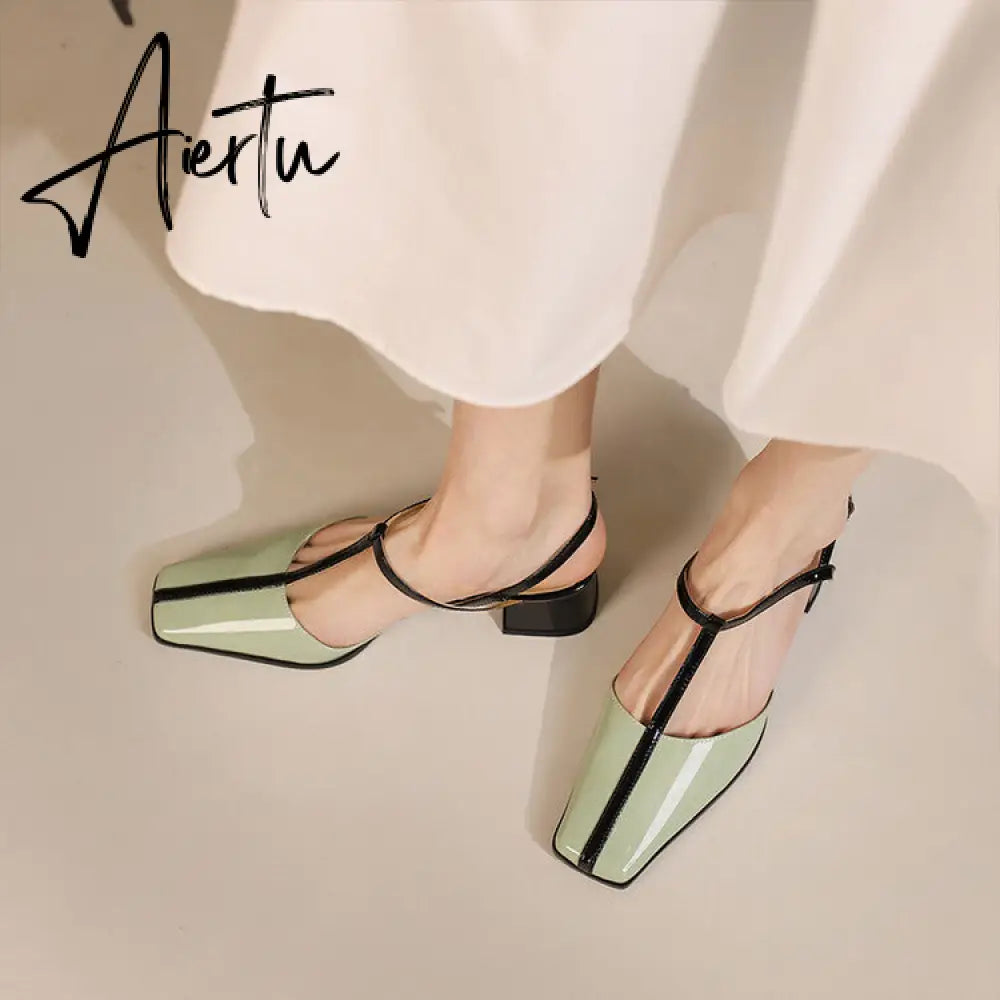 Aiertu Summer Women Shoes Cow  Leather Shoes for Women Square Toe Chunky Heel High Heels Retro Women Sandals Elegant Party Shoes Aiertu