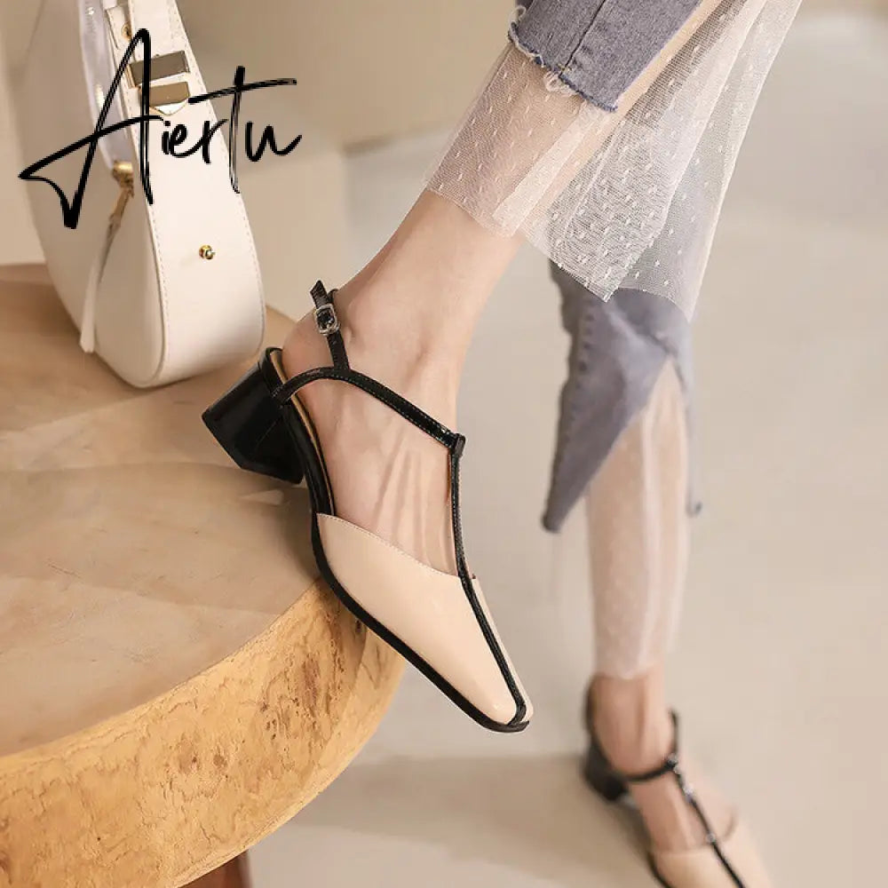 Aiertu Summer Women Shoes Cow  Leather Shoes for Women Square Toe Chunky Heel High Heels Retro Women Sandals Elegant Party Shoes Aiertu