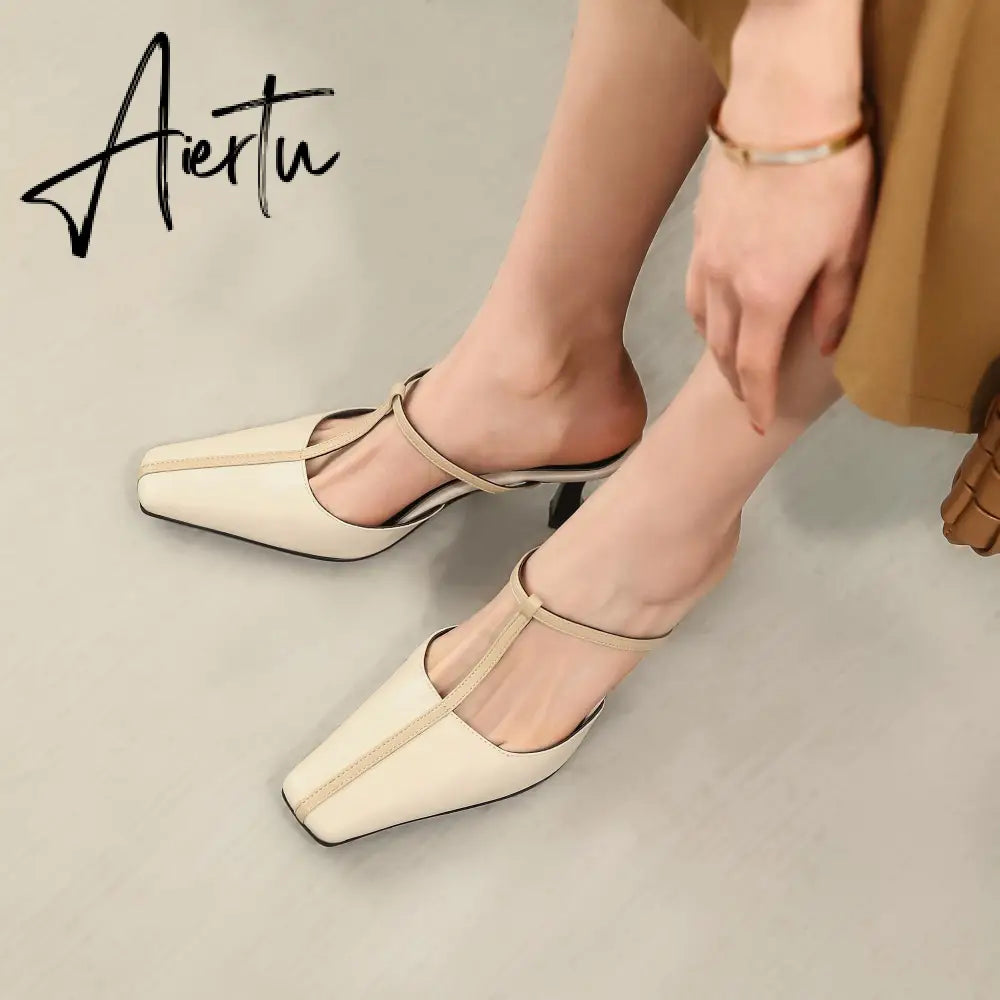 Aiertu Summer Women Shoes Cow  Leather Shoes for Women Square Toe Chunky Heel High Heels Retro Women Sandals Elegant Party Shoes Aiertu