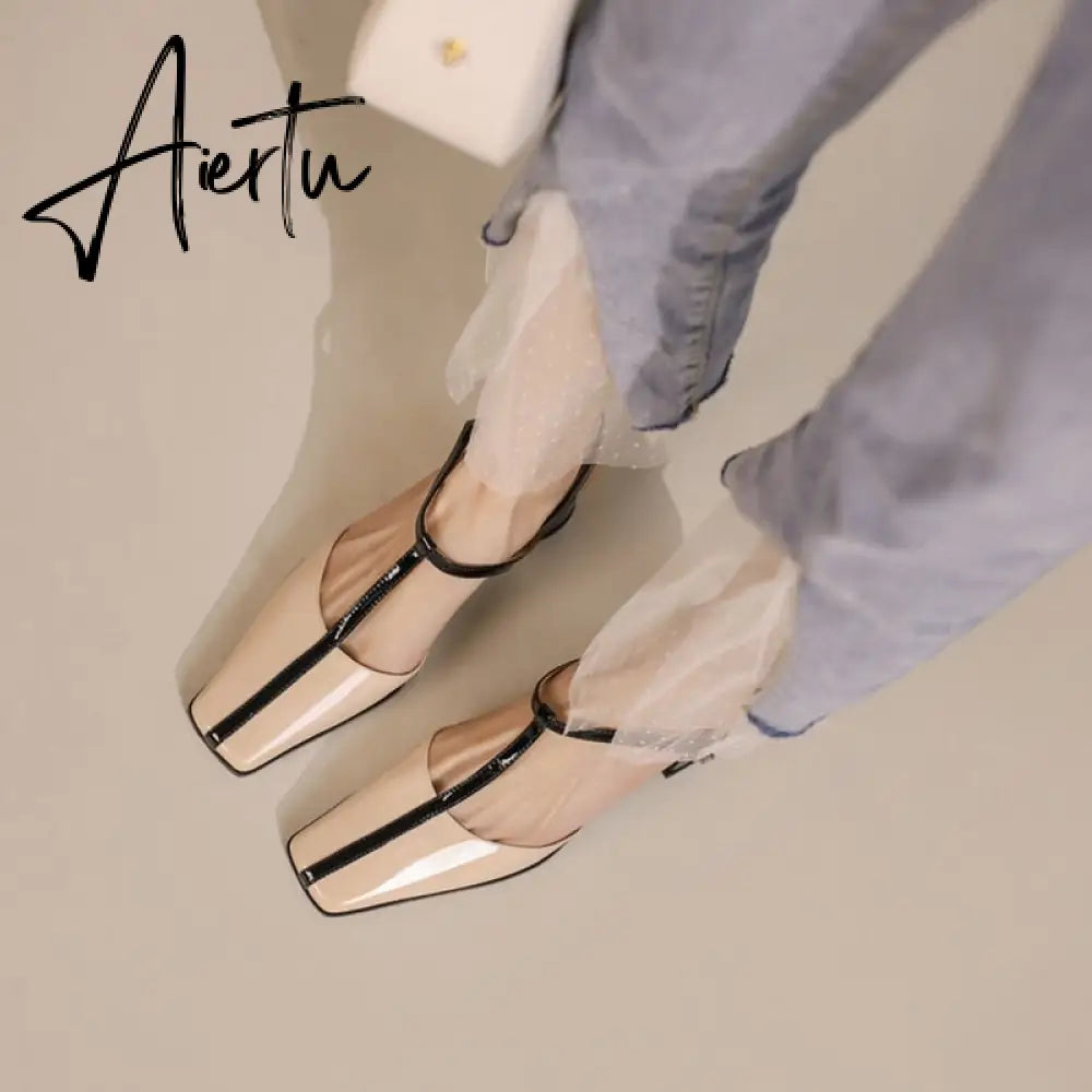 Aiertu Summer Women Shoes Cow  Leather Shoes for Women Square Toe Chunky Heel High Heels Retro Women Sandals Elegant Party Shoes Aiertu