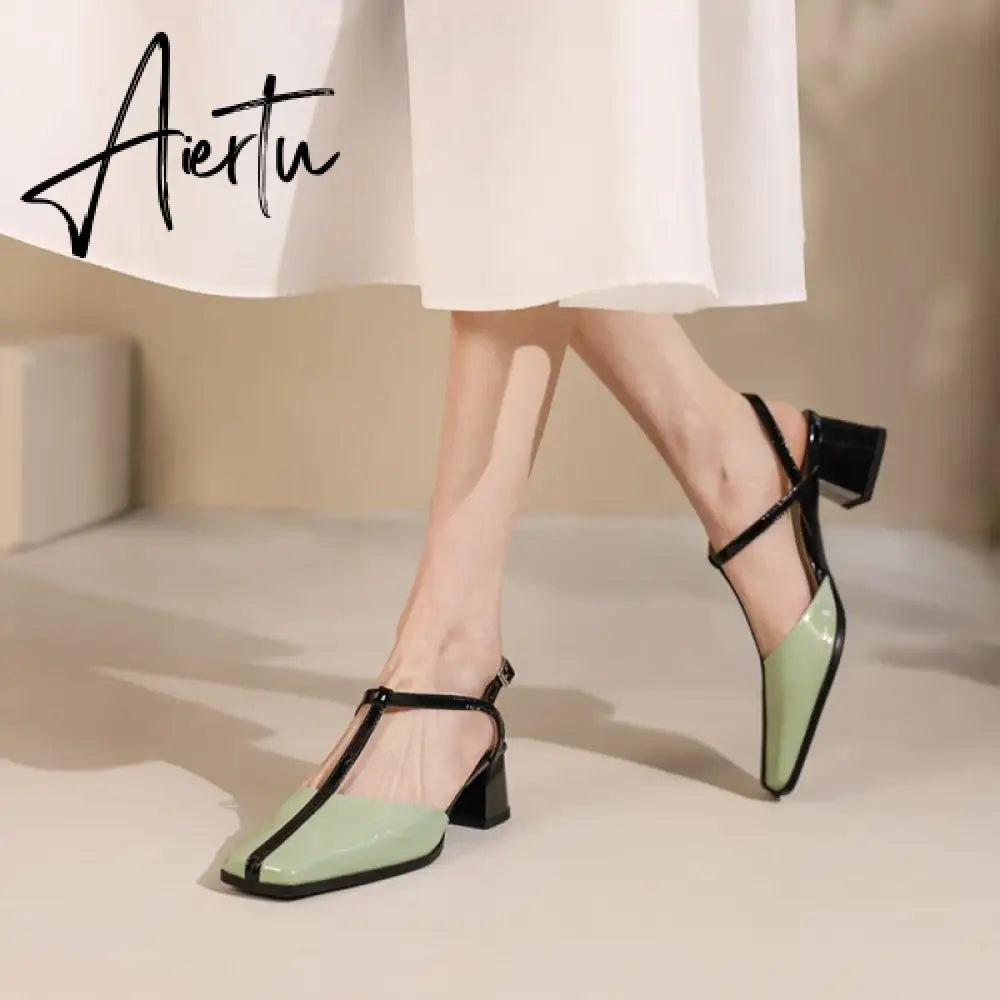 Aiertu Summer Women Shoes Cow  Leather Shoes for Women Square Toe Chunky Heel High Heels Retro Women Sandals Elegant Party Shoes Aiertu
