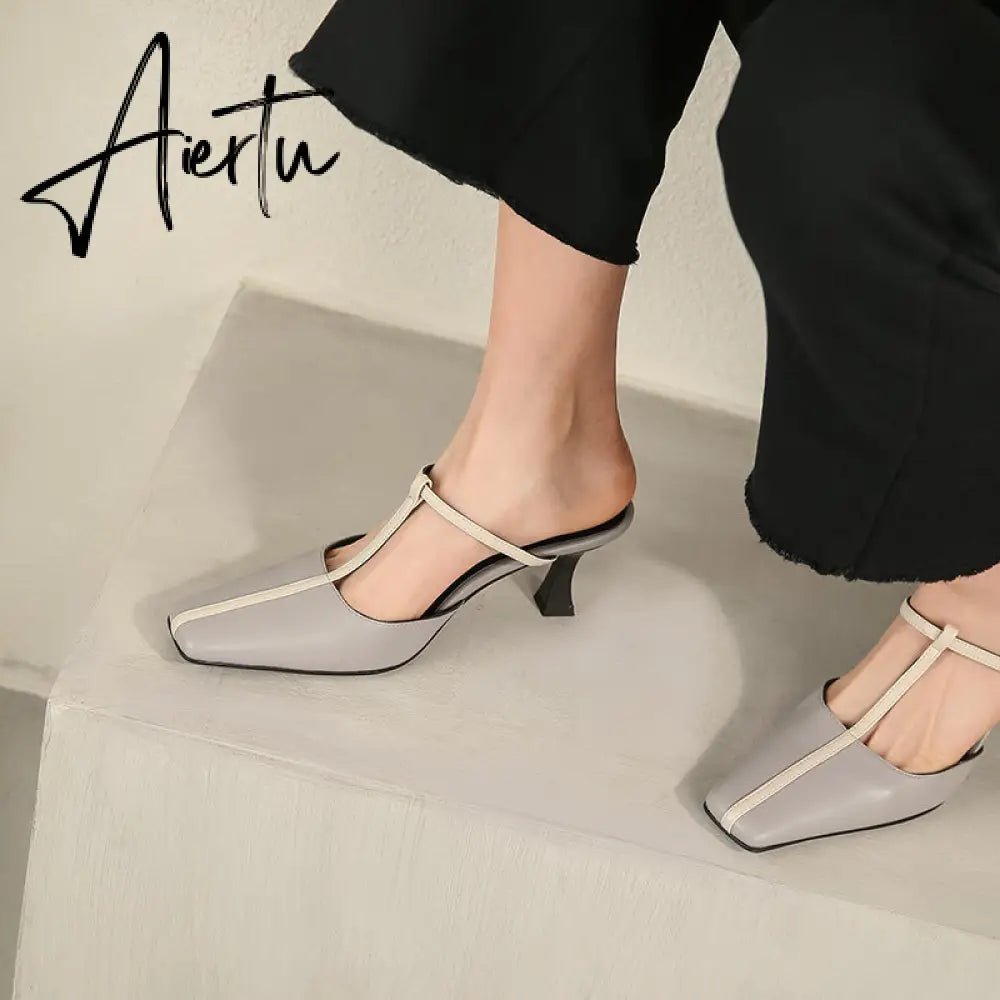 Aiertu Summer Women Shoes Cow  Leather Shoes for Women Square Toe Chunky Heel High Heels Retro Women Sandals Elegant Party Shoes Aiertu