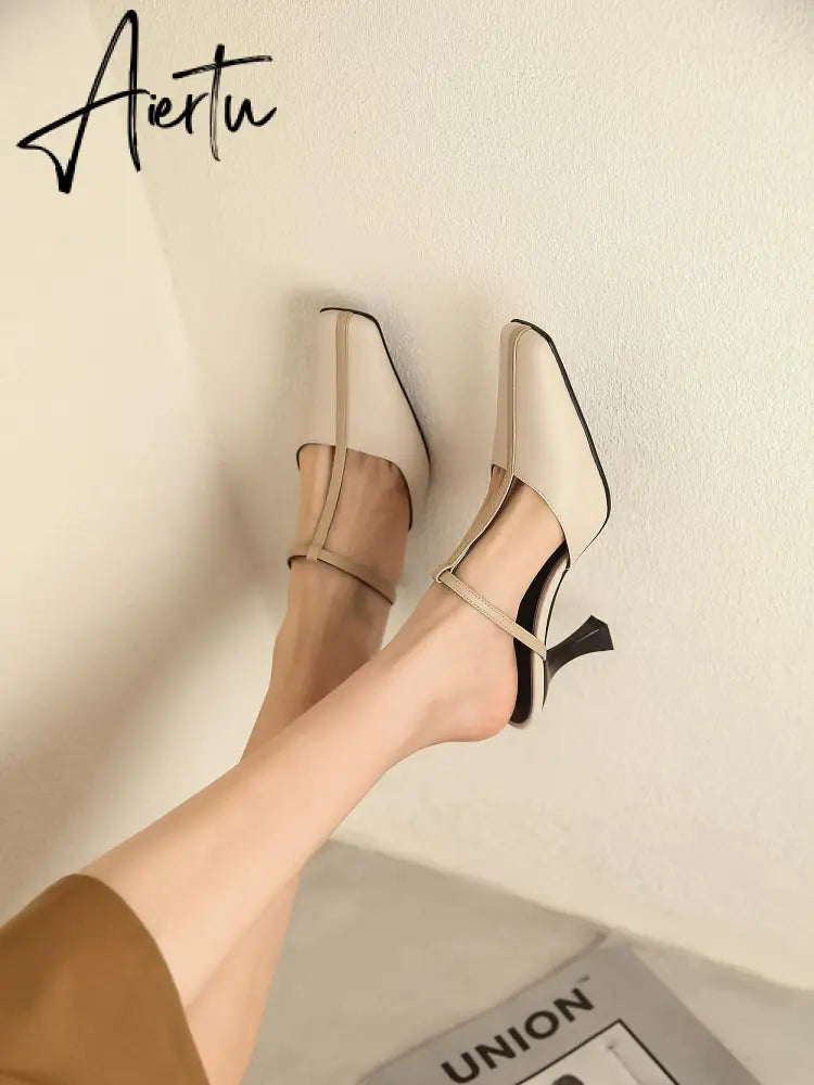 Aiertu Summer Women Shoes Cow  Leather Shoes for Women Square Toe Chunky Heel High Heels Retro Women Sandals Elegant Party Shoes Aiertu
