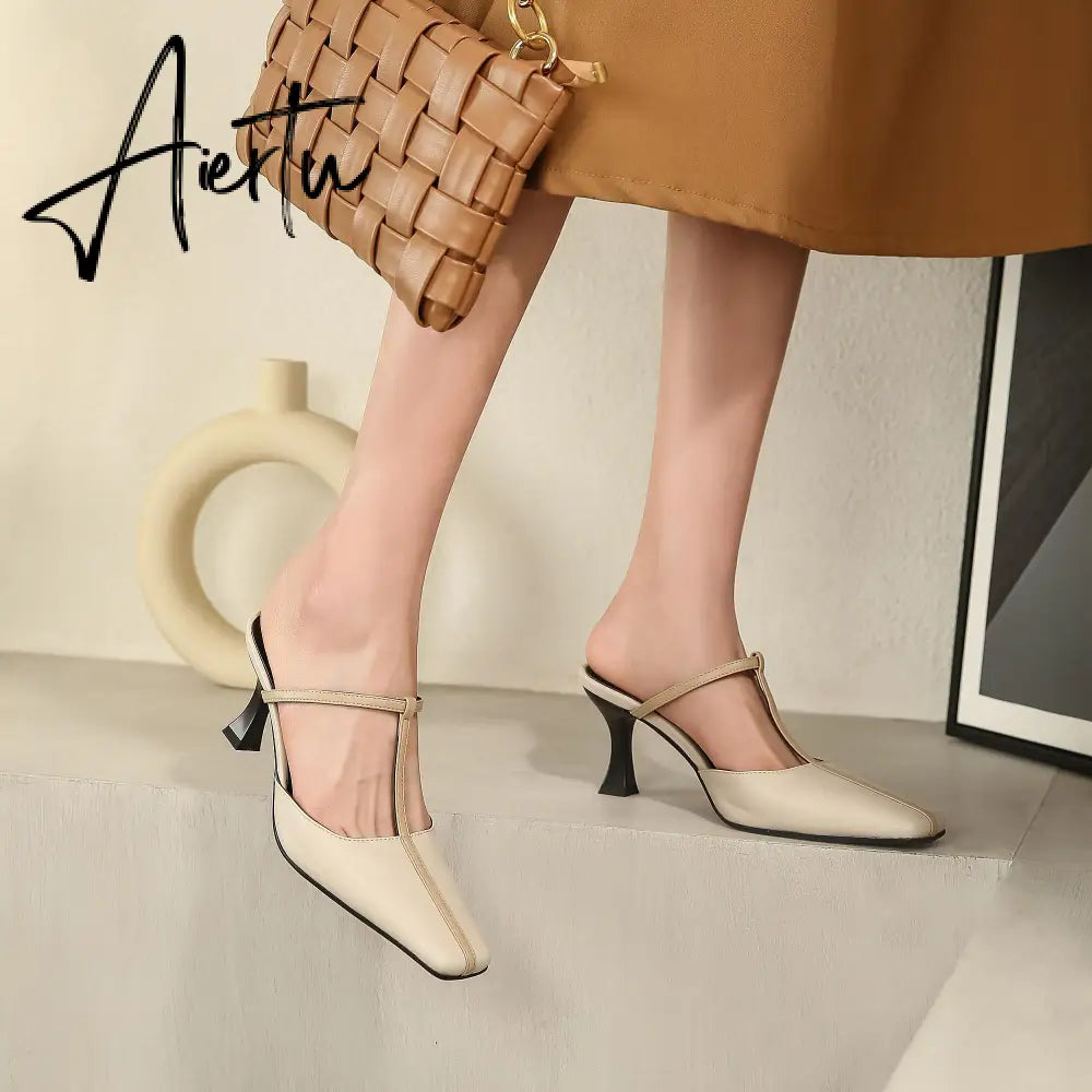 Aiertu Summer Women Shoes Cow  Leather Shoes for Women Square Toe Chunky Heel High Heels Retro Women Sandals Elegant Party Shoes Aiertu