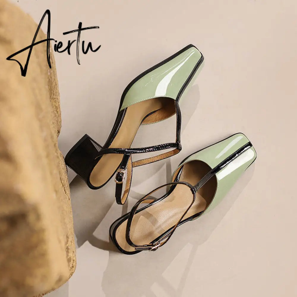 Aiertu Summer Women Shoes Cow  Leather Shoes for Women Square Toe Chunky Heel High Heels Retro Women Sandals Elegant Party Shoes Aiertu