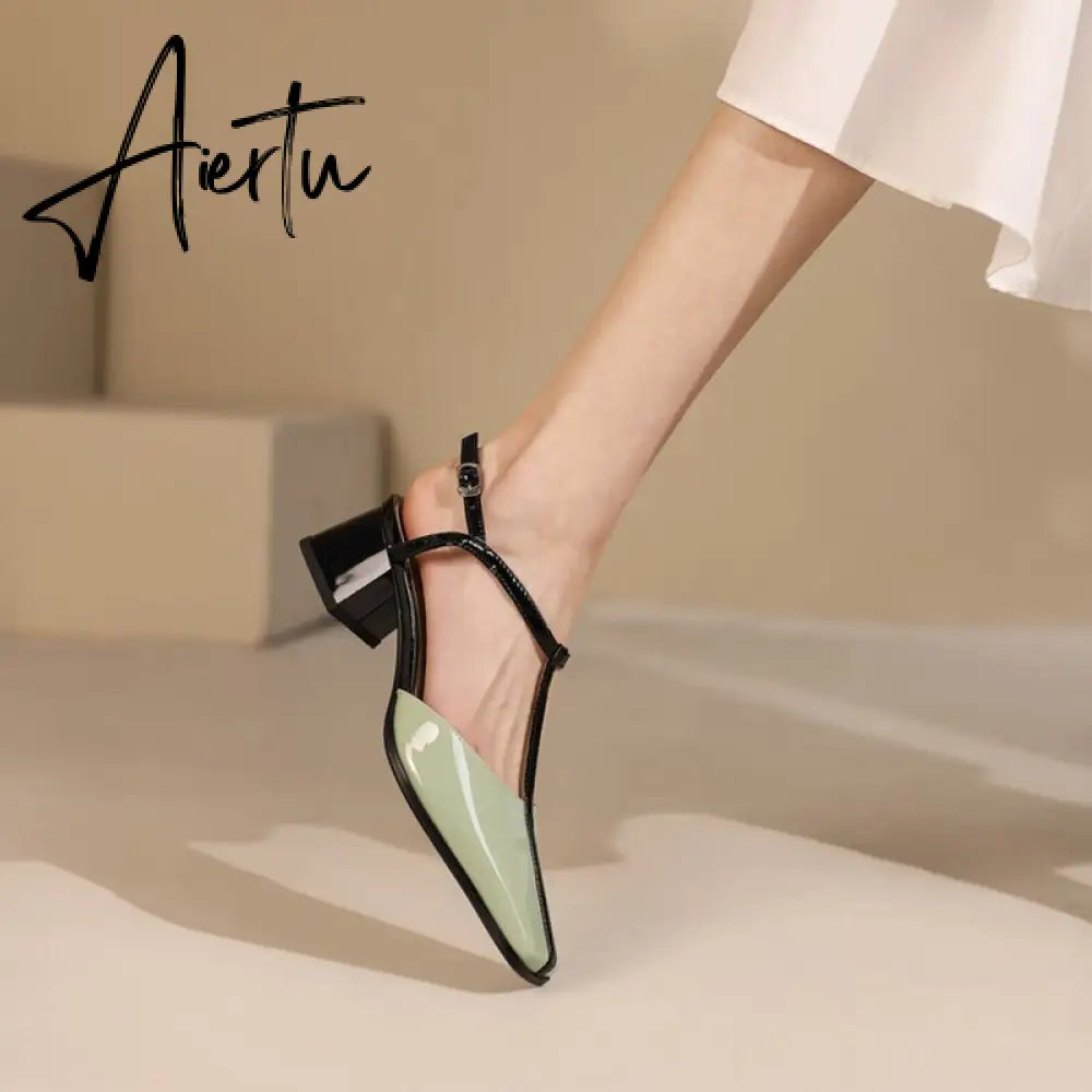 Aiertu Summer Women Shoes Cow  Leather Shoes for Women Square Toe Chunky Heel High Heels Retro Women Sandals Elegant Party Shoes Aiertu