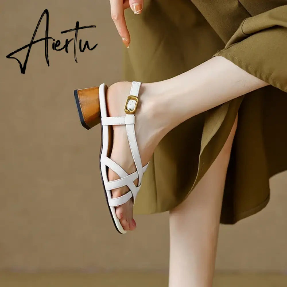 Aiertu Summer Women Shoes Open Toe Chunky Heel Women Sandals Split Leather High Heels Narrow Band Shoes Handmade Shoes for Women Aiertu