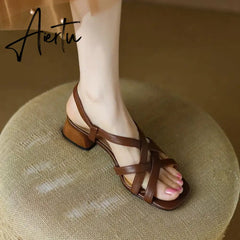 Aiertu Summer Women Shoes Open Toe Chunky Heel Women Sandals Split Leather High Heels Narrow Band Shoes Handmade Shoes for Women Aiertu