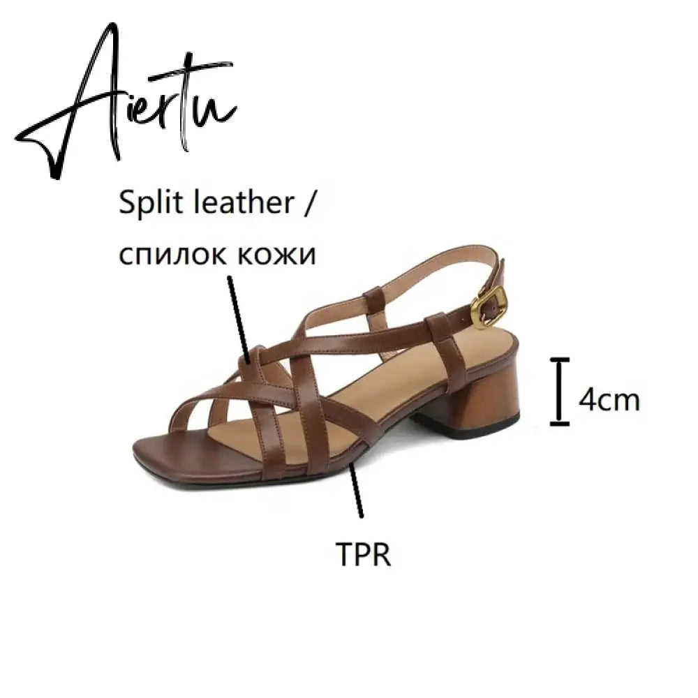 Aiertu Summer Women Shoes Open Toe Chunky Heel Women Sandals Split Leather High Heels Narrow Band Shoes Handmade Shoes for Women Aiertu
