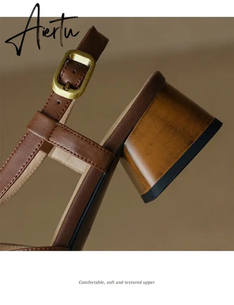 Aiertu Summer Women Shoes Open Toe Chunky Heel Women Sandals Split Leather High Heels Narrow Band Shoes Handmade Shoes for Women Aiertu