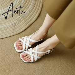 Aiertu Summer Women Shoes Open Toe Chunky Heel Women Sandals Split Leather High Heels Narrow Band Shoes Handmade Shoes for Women Aiertu