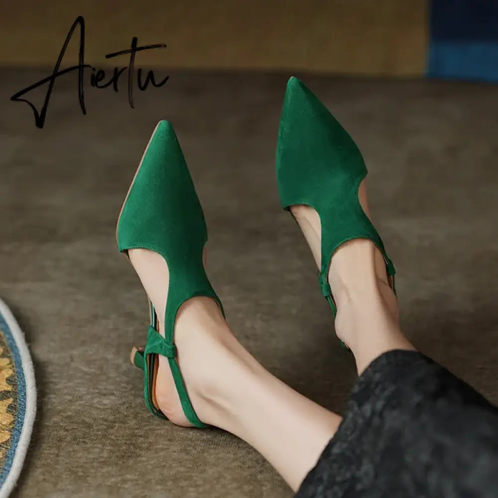 Aiertu Summer Women Shoes Pointed Toe Thin Heel Sandals Solid High Heels Elegant Sheep Suede Leather Shoes for Women Party Shoes Aiertu