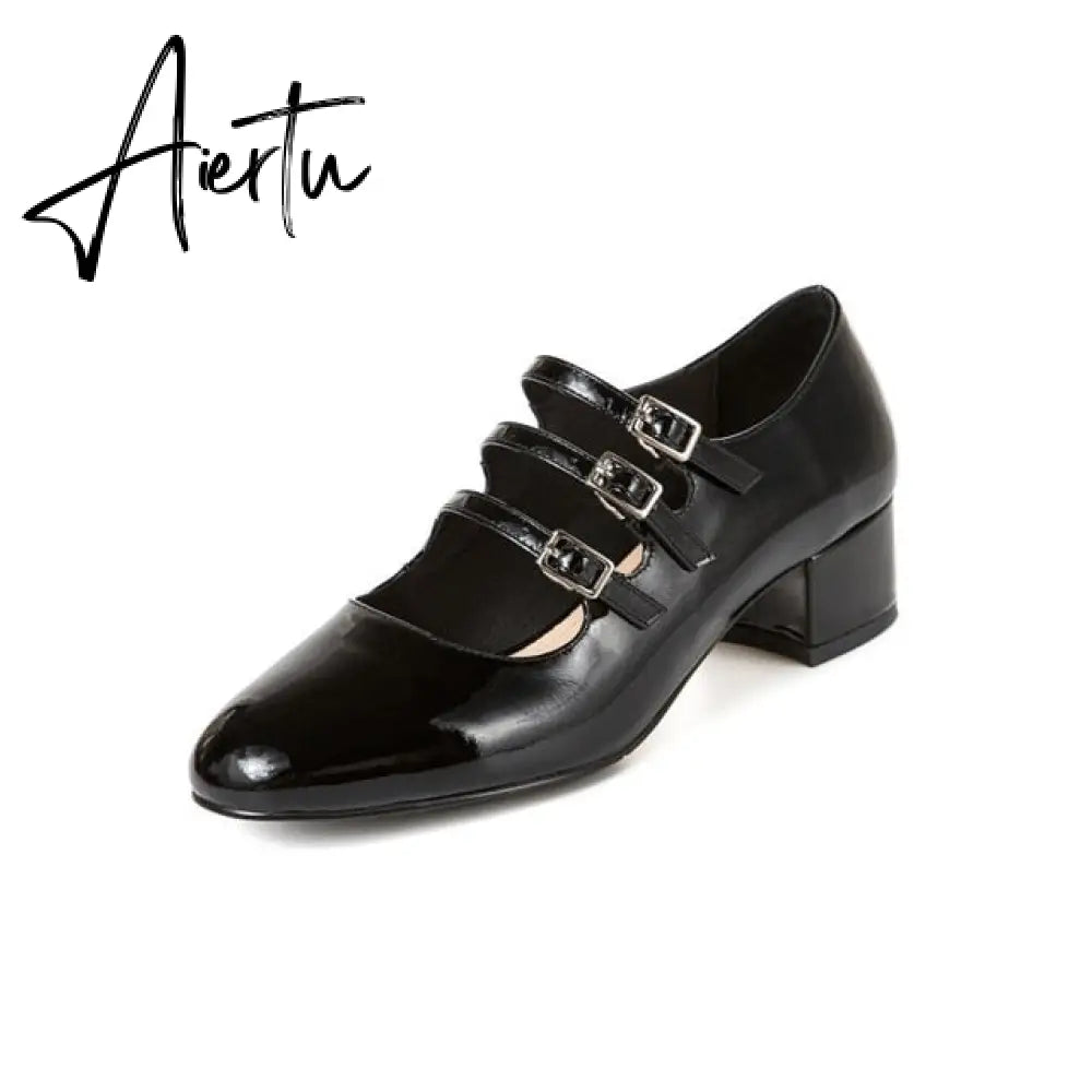 Aiertu Summer Women Shoes Spring Office Buckle Round Toe Chunky Block Mid Heels Party Office Womens Low Heel Dress Ladies Shoes Aiertu