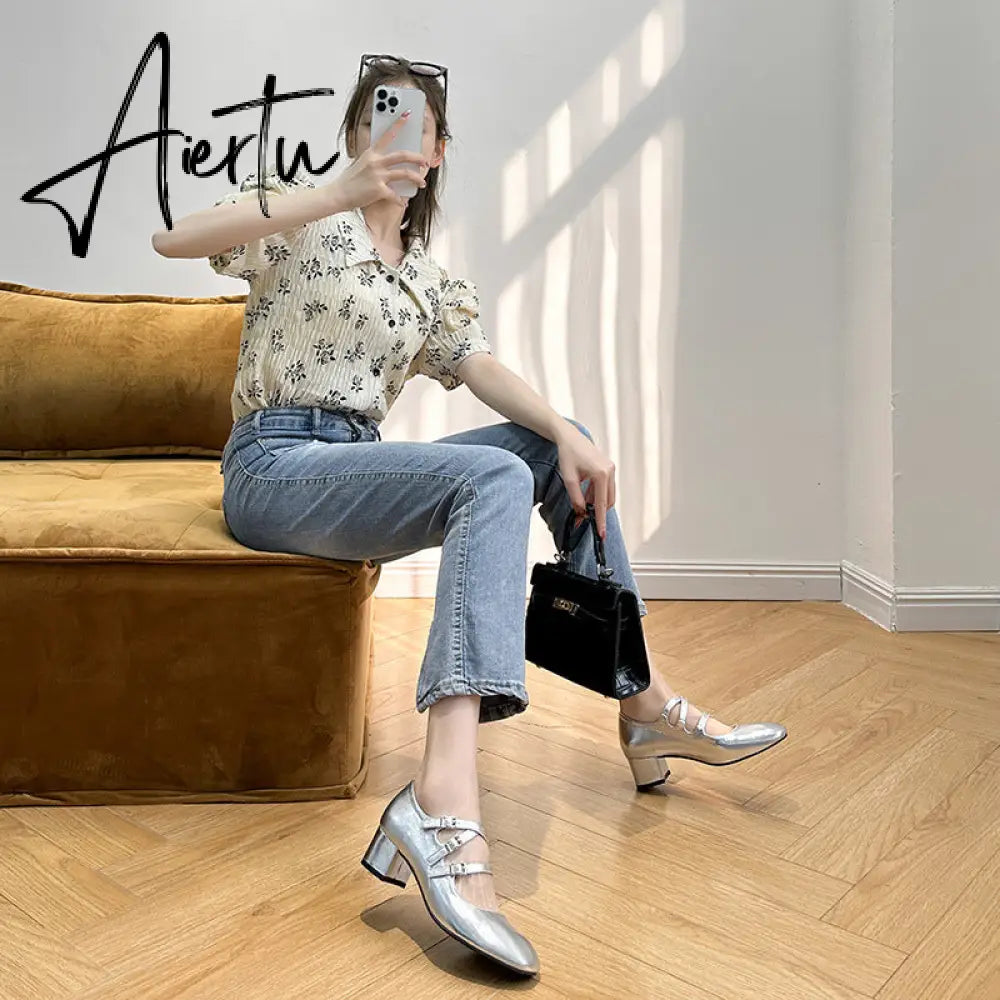 Aiertu Summer Women Shoes Spring Office Buckle Round Toe Chunky Block Mid Heels Party Office Womens Low Heel Dress Ladies Shoes Aiertu