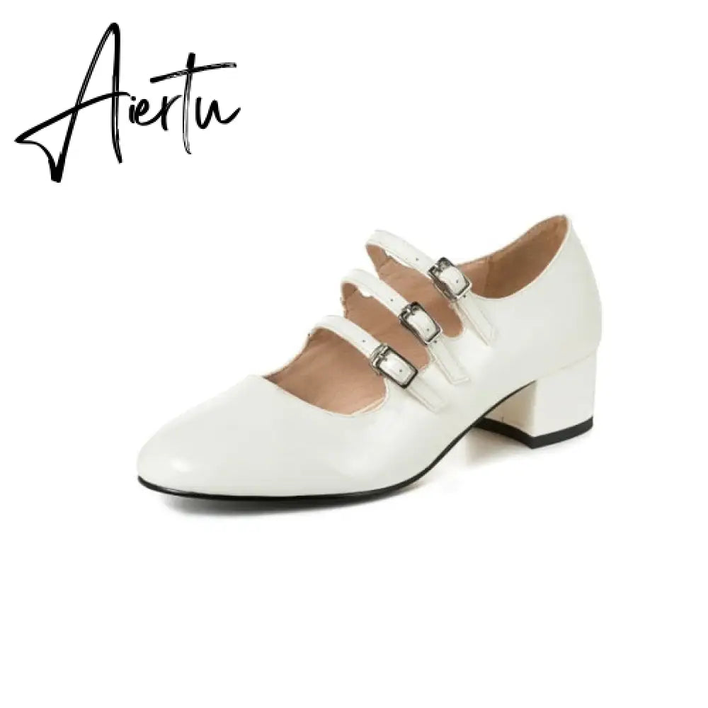 Aiertu Summer Women Shoes Spring Office Buckle Round Toe Chunky Block Mid Heels Party Office Womens Low Heel Dress Ladies Shoes Aiertu