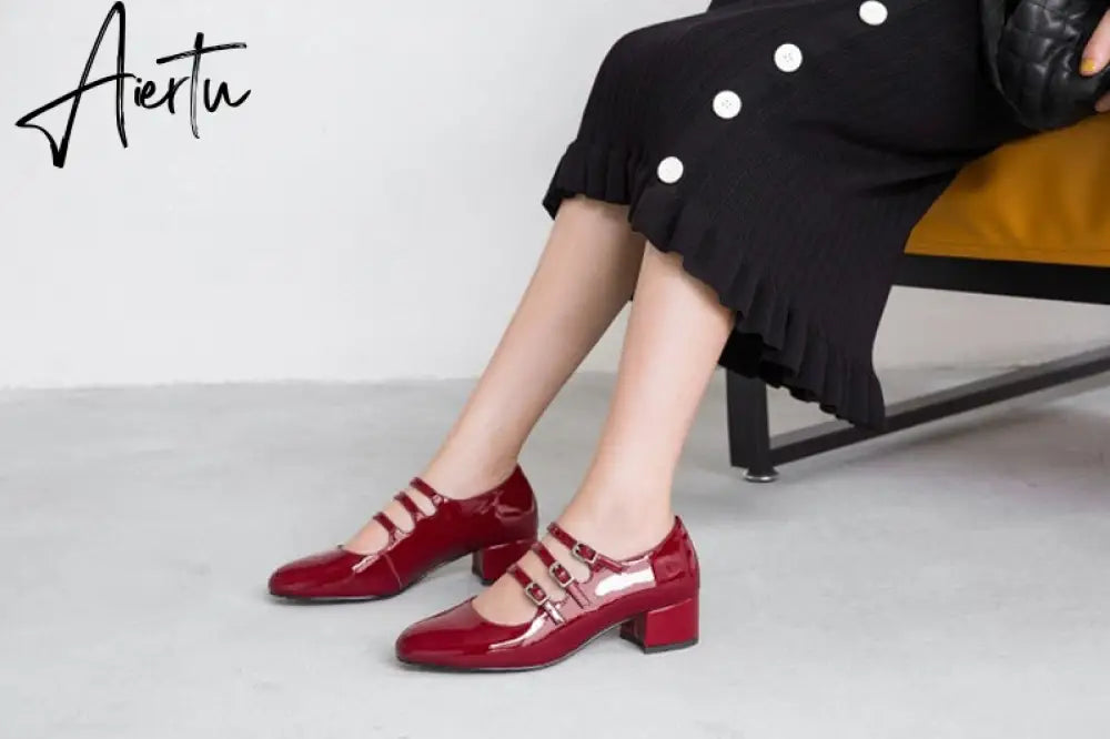Aiertu Summer Women Shoes Spring Office Buckle Round Toe Chunky Block Mid Heels Party Office Womens Low Heel Dress Ladies Shoes Aiertu