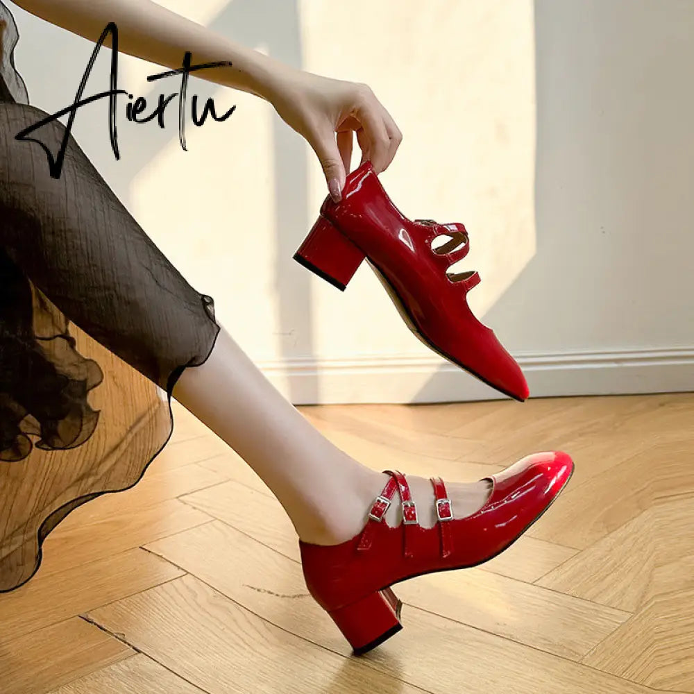 Aiertu Summer Women Shoes Spring Office Buckle Round Toe Chunky Block Mid Heels Party Office Womens Low Heel Dress Ladies Shoes Aiertu