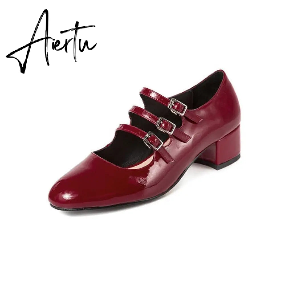 Aiertu Summer Women Shoes Spring Office Buckle Round Toe Chunky Block Mid Heels Party Office Womens Low Heel Dress Ladies Shoes Aiertu