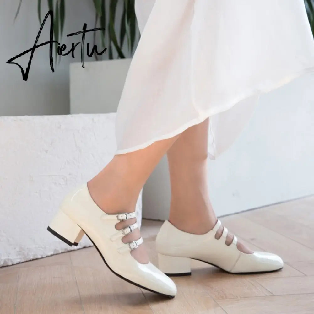 Aiertu Summer Women Shoes Spring Office Buckle Round Toe Chunky Block Mid Heels Party Office Womens Low Heel Dress Ladies Shoes Aiertu