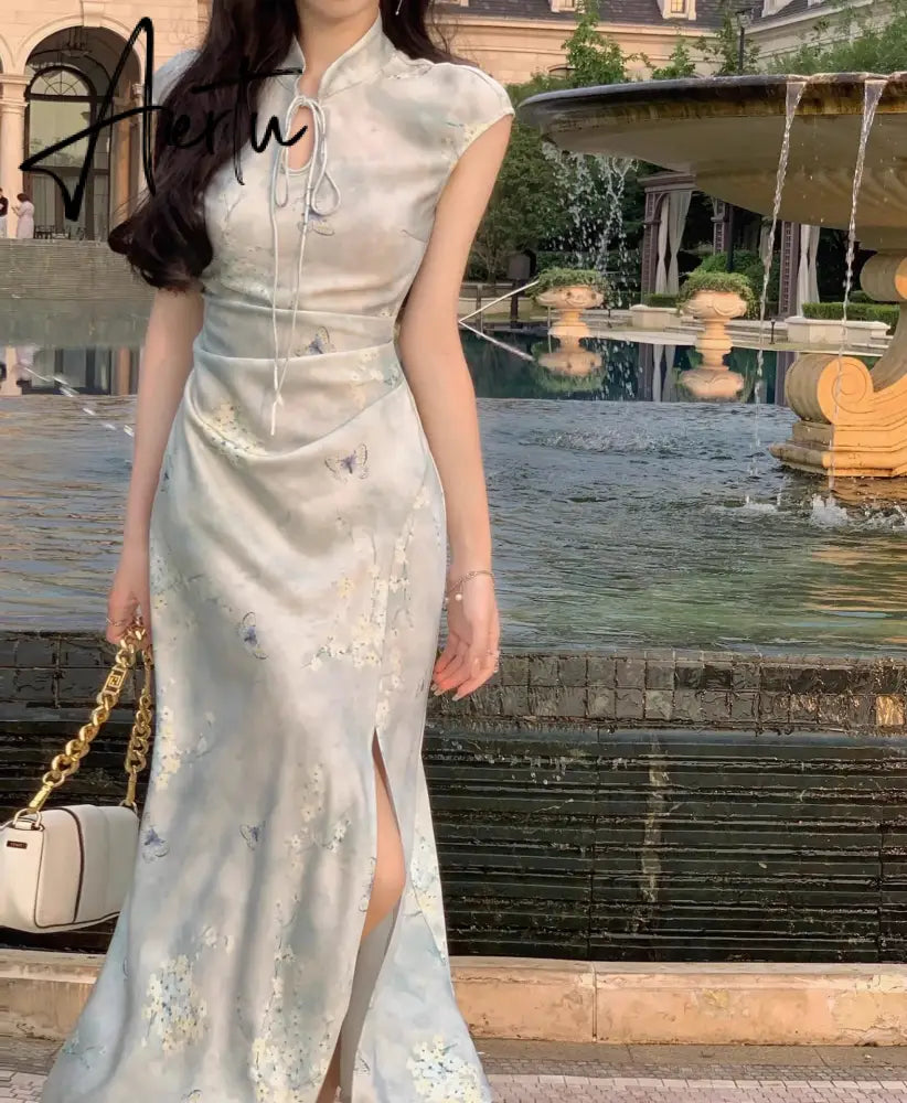 Aiertu Summer Women Slim Bodycon Elegant Midi Split Satin Dress Lady Chinese Style Clothes New One Piece Robe Aiertu