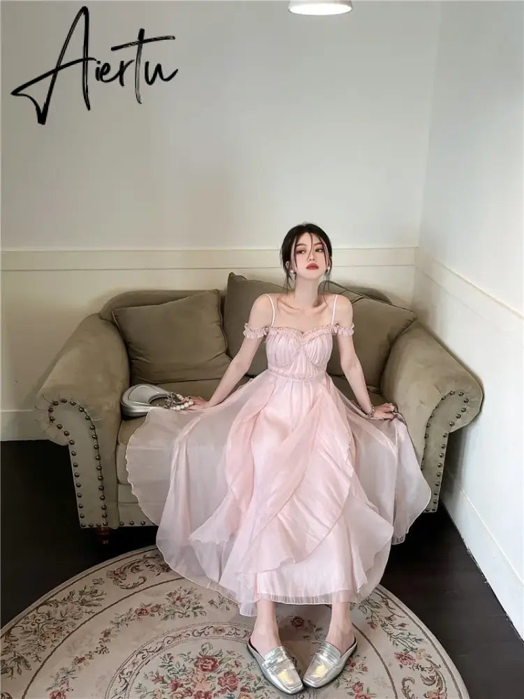 Aiertu Summer Women Sweet Pink Fairy Chiffon Midi Dress Korean Elegant One-piece A-Line Vestidos Female Clothing Aiertu