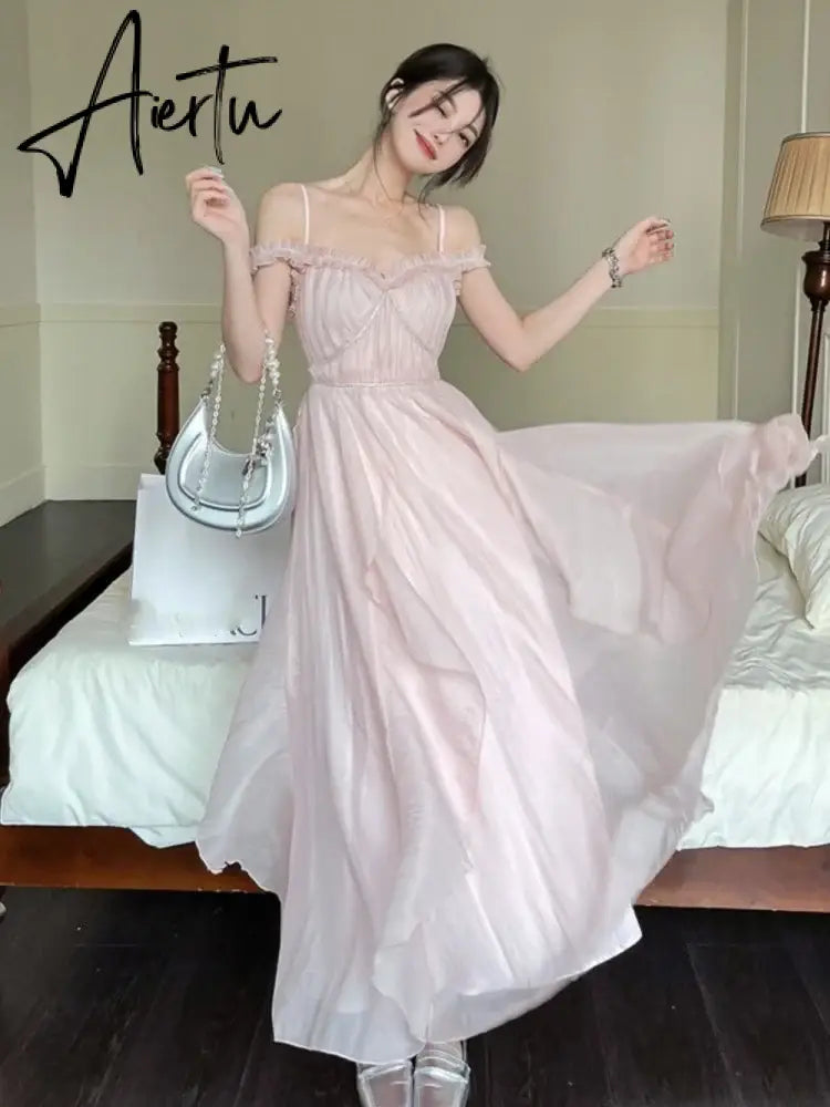 Aiertu Summer Women Sweet Pink Fairy Chiffon Midi Dress Korean Elegant One-piece A-Line Vestidos Female Clothing Aiertu