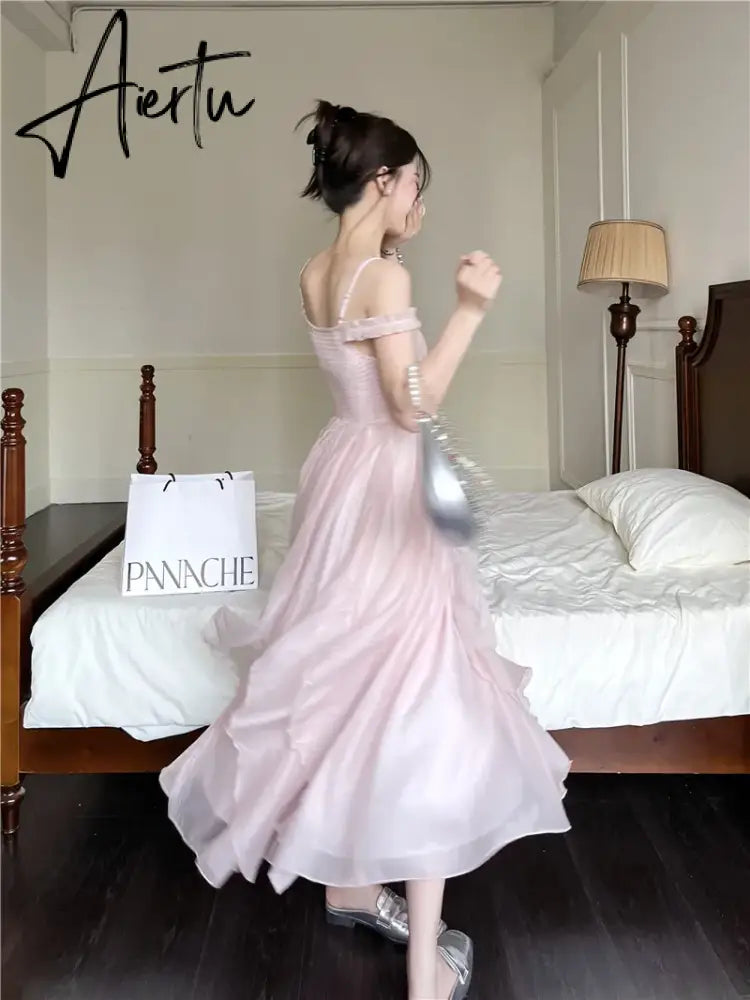 Aiertu Summer Women Sweet Pink Fairy Chiffon Midi Dress Korean Elegant One-piece A-Line Vestidos Female Clothing Aiertu