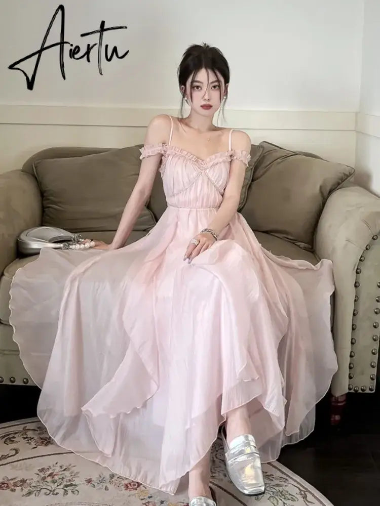 Aiertu Summer Women Sweet Pink Fairy Chiffon Midi Dress Korean Elegant One-piece A-Line Vestidos Female Clothing Aiertu