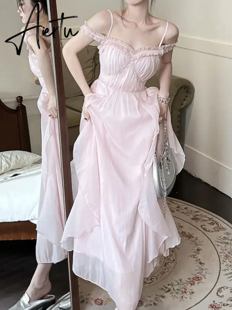Aiertu Summer Women Sweet Pink Fairy Chiffon Midi Dress Korean Elegant One-piece A-Line Vestidos Female Clothing Aiertu