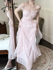 Aiertu Summer Women Sweet Pink Fairy Chiffon Midi Dress Korean Elegant One-piece A-Line Vestidos Female Clothing Aiertu