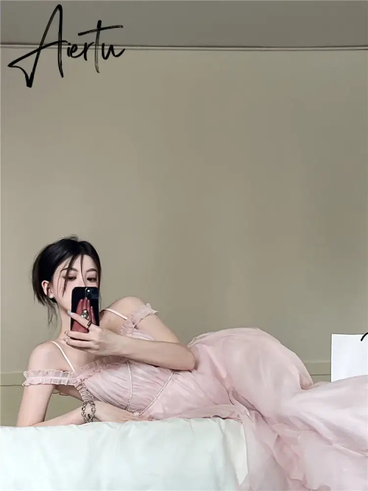 Aiertu Summer Women Sweet Pink Fairy Chiffon Midi Dress Korean Elegant One-piece A-Line Vestidos Female Clothing Aiertu