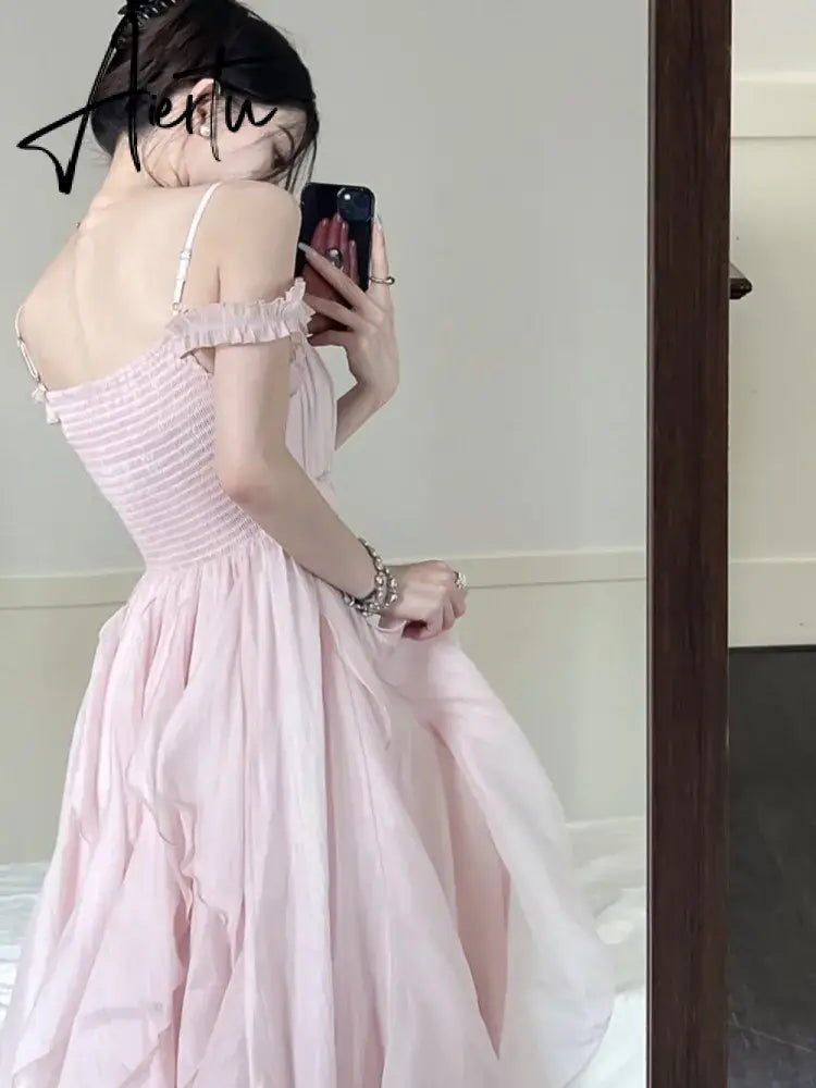 Aiertu Summer Women Sweet Pink Fairy Chiffon Midi Dress Korean Elegant One-piece A-Line Vestidos Female Clothing Aiertu